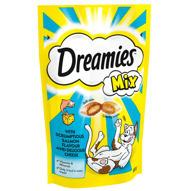 DREAMIES Mix with Scrumptious Salmon Flavour & Heavenly Tuna Flavour, 60g