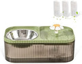 Cat Water Fountain and Food Bowl, 3L/101oz Ultra Quiet Pet Water Dispenser with Smart Pump and 3 Replacement Filters, Automatic Flower Fountain & Stainless Steel Bowl (Black & Green)