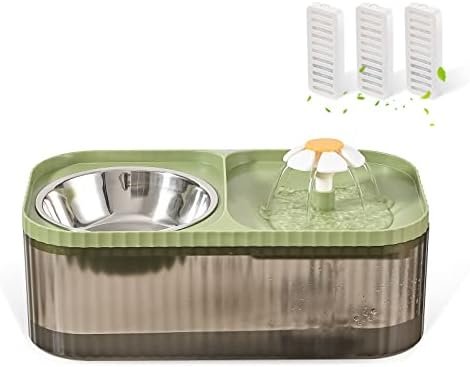 Cat Water Fountain and Food Bowl, 3L/101oz Ultra Quiet Pet Water Dispenser with Smart Pump and 3 Replacement Filters, Automatic Flower Fountain & Stainless Steel Bowl (Black & Green)