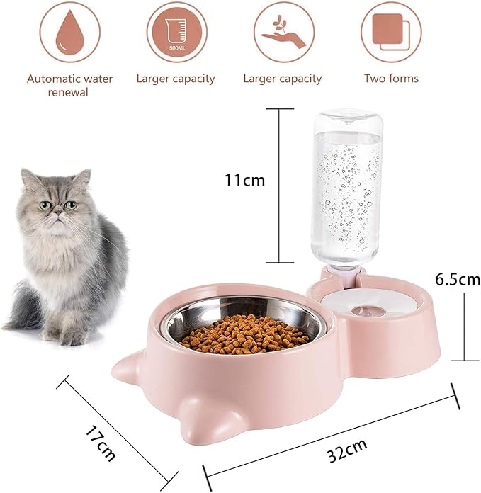 Double Cat Bowl, Cat Bowl with 2 Bowls, Feeders and Drinkers for Cats, for Pets 2-in-1 with Automatic Water Storage, Available for Cats and Puppies