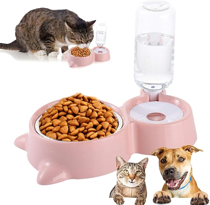 Double Cat Bowl, Cat Bowl with 2 Bowls, Feeders and Drinkers for Cats, for Pets 2-in-1 with Automatic Water Storage, Available for Cats and Puppies