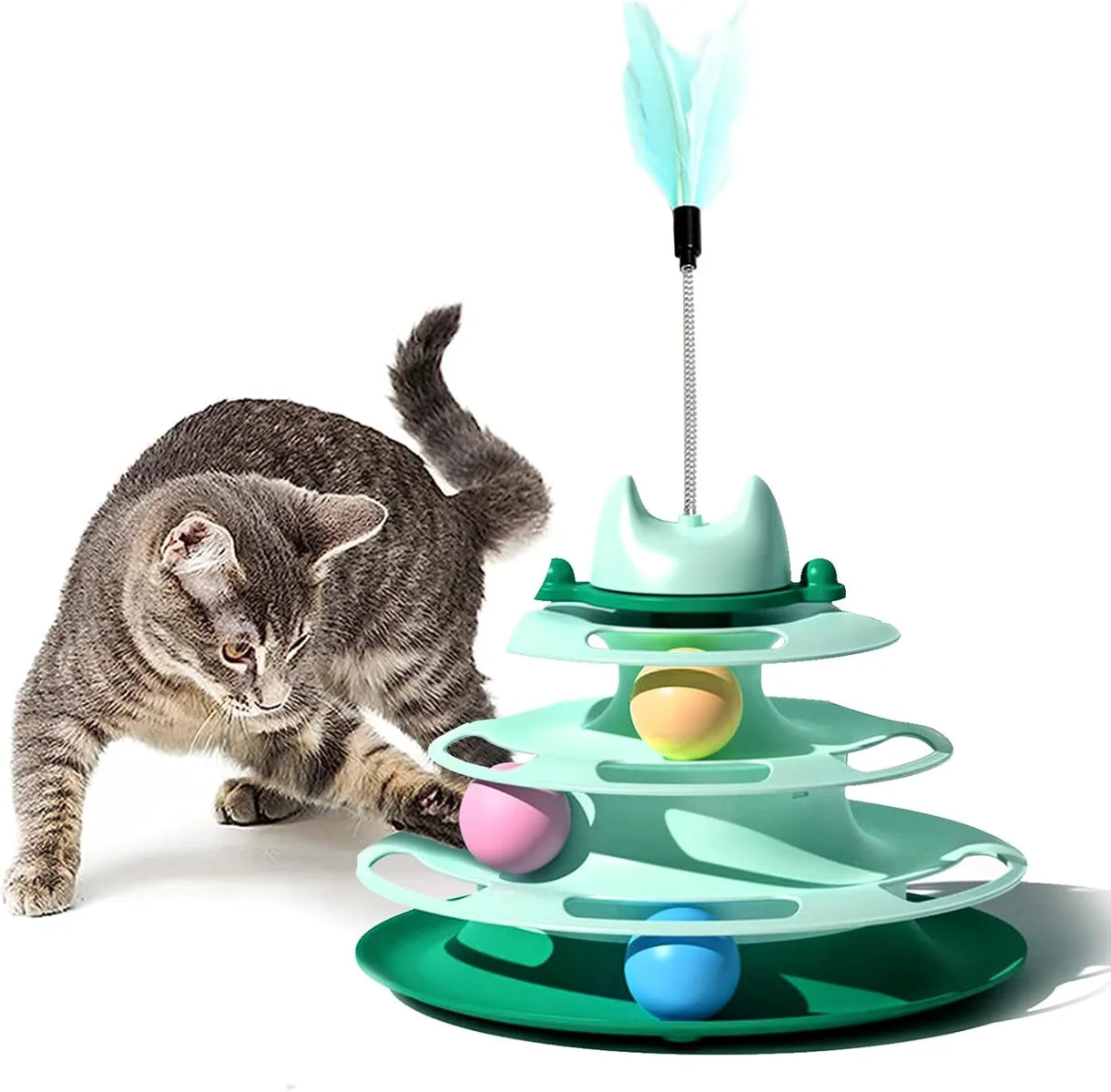 Nunbell Interactive Cat Toy for Indoor Cats - 4-Level Turntable With 3 Colorful Balls, Circular Track Roller and Feather Wand for Kittens