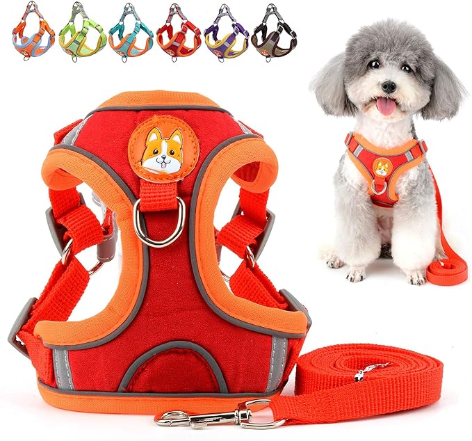 Dog Harness Leash Set No Pull Soft Suede Adjustable Reflective Puppy Vest Harness Lightweight Step-in Cat Harnesses Escape Proof for Walking for Pet Chihuahua Yorkshire