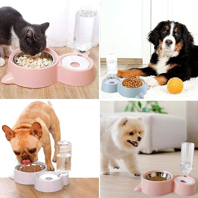 Double Cat Bowl, Cat Bowl with 2 Bowls, Feeders and Drinkers for Cats, for Pets 2-in-1 with Automatic Water Storage, Available for Cats and Puppies