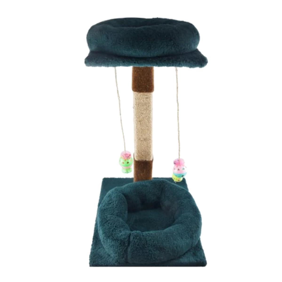 Green & Beige Cat Tree & Scratching Post with Hanging Toys (60x41x31cm)
