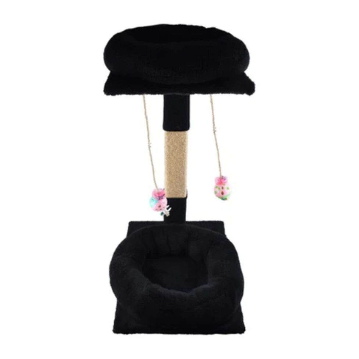 Black & Beige Cat Tree & Scratching Post with Hanging Toys (60x41x31cm)