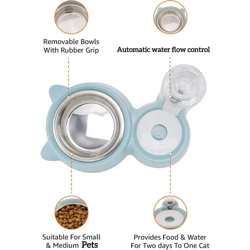 Double Cat Bowl, Cat Bowl with 2 Bowls, Feeders and Drinkers for Cats, for Pets 2-in-1 with Automatic Water Storage, Available for Cats and Puppies