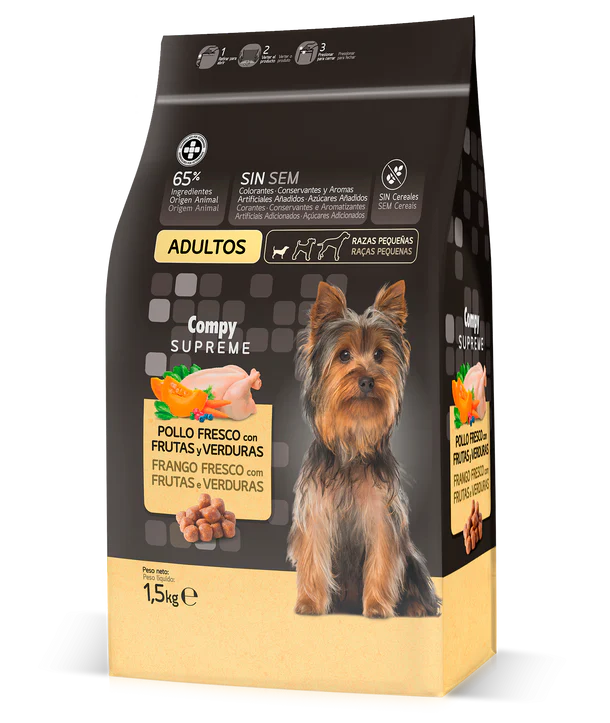 Compy Supreme for adult dogs of small breeds. with fresh chicken, fruit and vegetables. GRAIN FREE. (1.5kg)