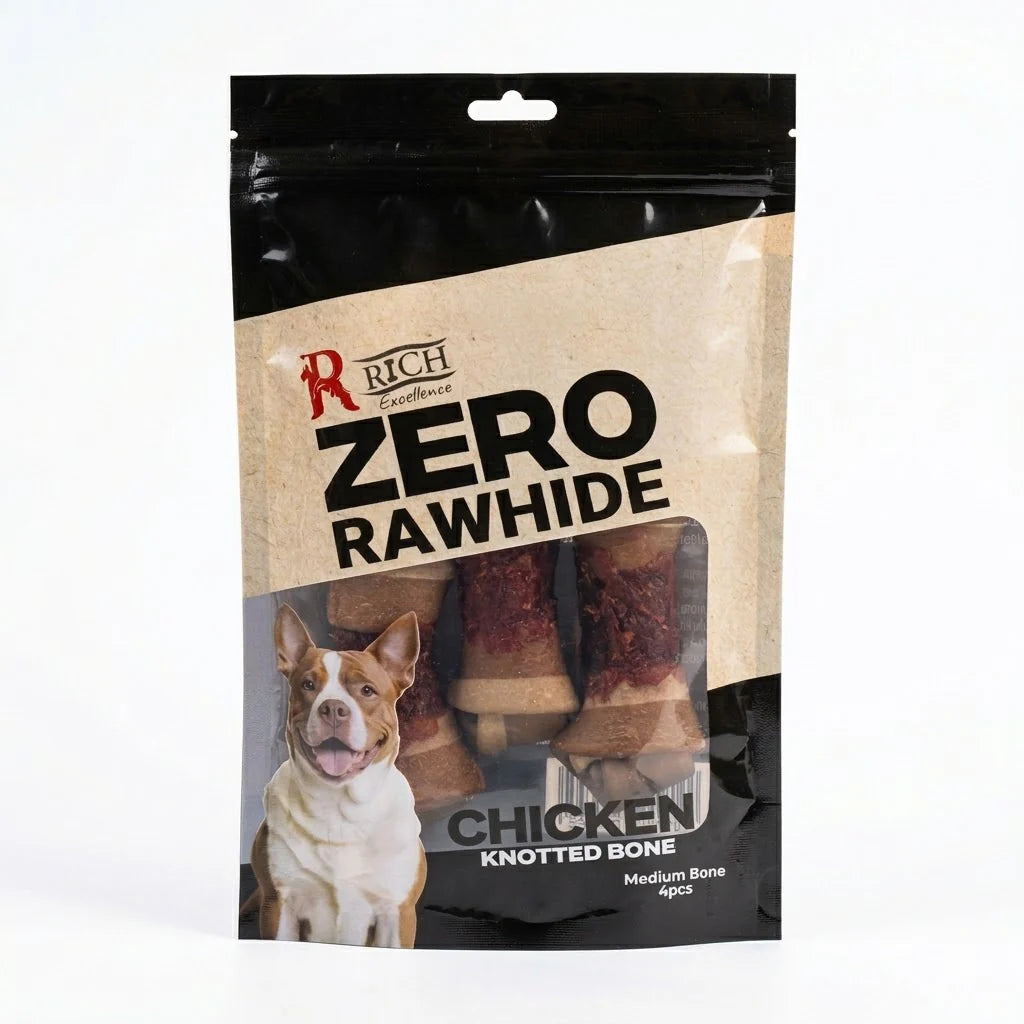 Rich Excellence ZERO Rawhide Chicken Wrapped Knotted Bone Treats - Medium (4-Pack)